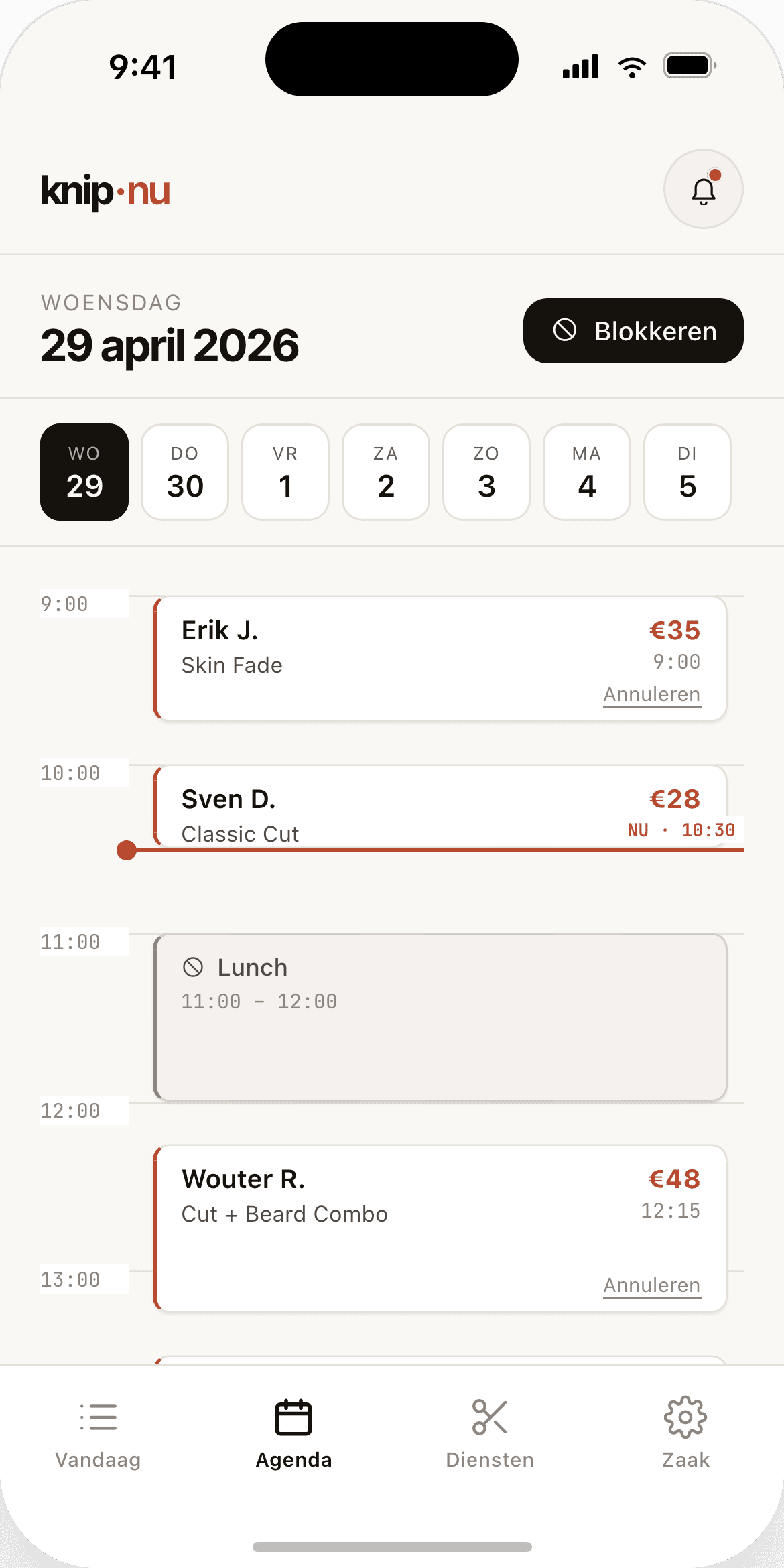 De KnipNu-agenda voor kappers met het weekoverzicht