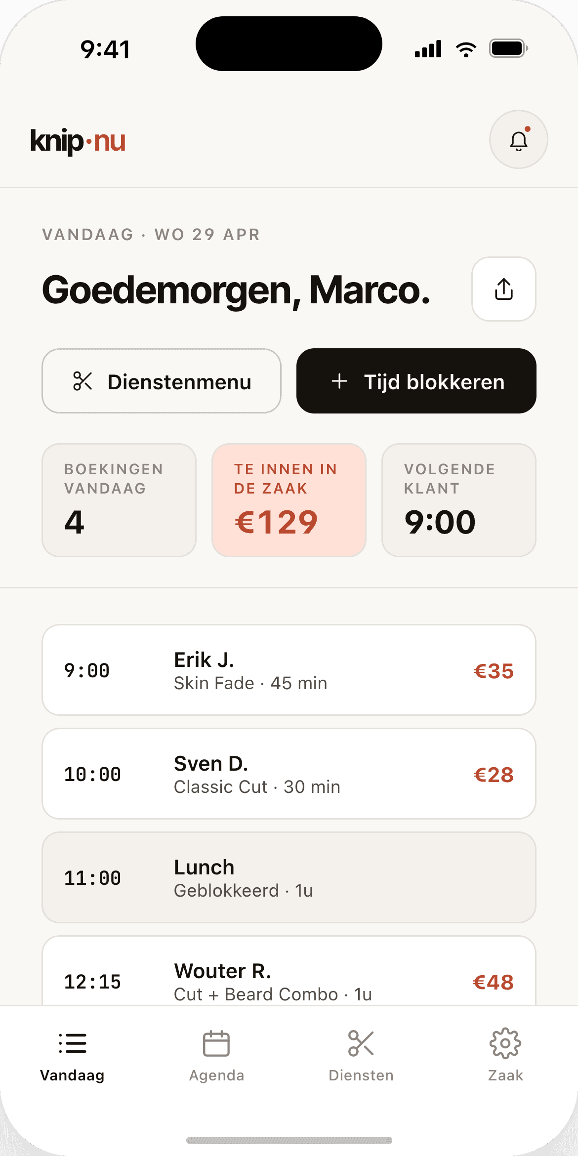 Het dagoverzicht in KnipNu met de afspraken van vandaag